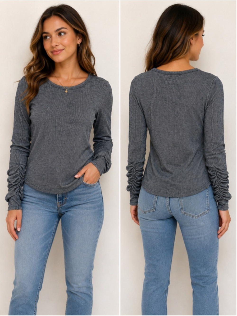 Free People Intimately Ribbed Long Sleeve Top Women’s Medium Gray Ruched Sleeve
